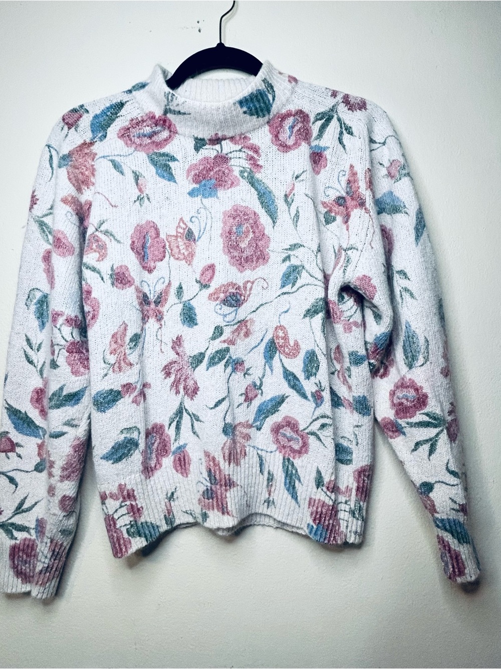 Women's Floral Mock Neck Sweater - White with Pink & Green Floral